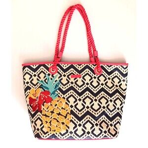 Vera Bradley Lg Straw Beach Tote Navy/ Coral Embroidered Pineapple Rope Straps